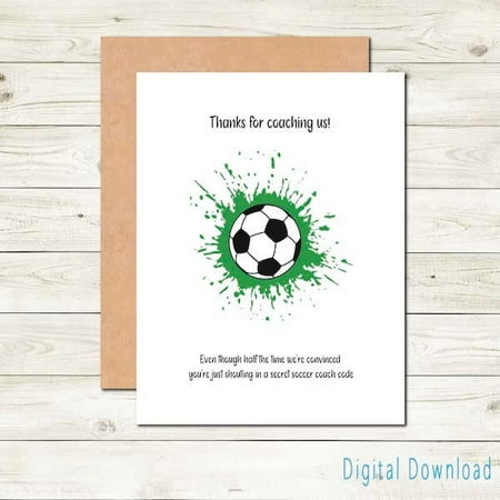 Soccer Coach Thank You Card – Funny "Thanks for Coaching Us!" Design – Perfect for Youth Soccer Coaches – Includes Envelope, Digital Download Option
