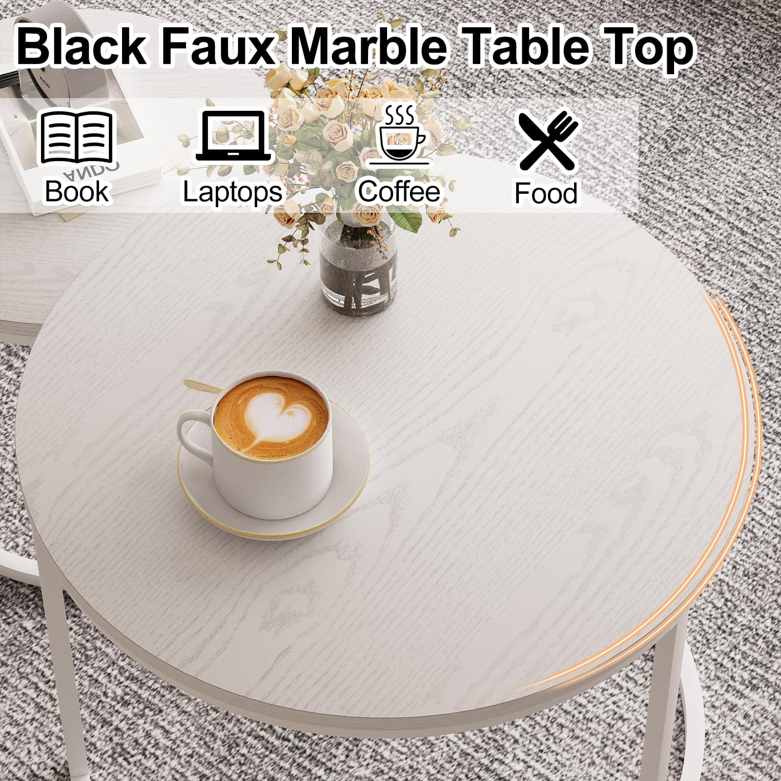 Nesting Coffee Table Round Side Table Set of 2 End Tables for Living Room Bedroom Balcony,White Wooden Stacking Accent Coffee Tables with Metal Frame