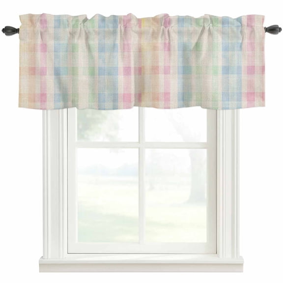 Yellow Pink Blue Green Check Window Valance Curtain Watercolor Check Rod Pocket Short Curtain for Living Room, Bedroom & Kitchen Window Decor 60x18in