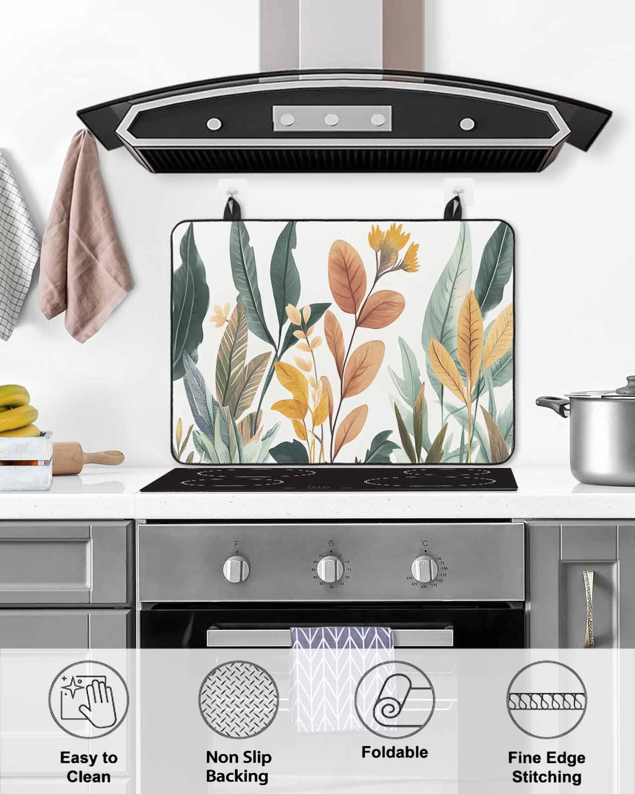 nqOlkjepod Large Induction Cooktop Protector Mat 24"x21", Watercolor Floral Leaves Stove Top Covers for Electric Stove, Summer Tropical Botanical Stove Burner Cover Mats, Glass Top Stove Cover
