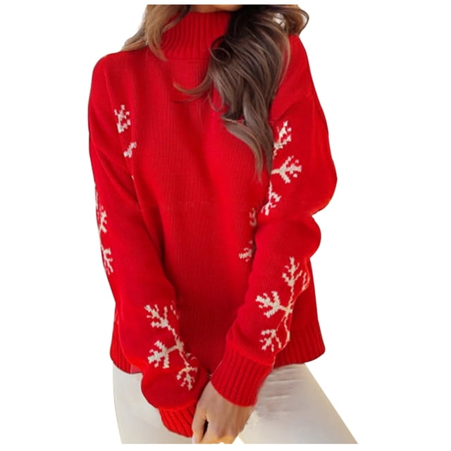 HAiming Chandail de Noël pour Femmes Col Roulé Hiver Mignon Imprimé Col Rond Hauts Décontractés Manches Longues Blouse