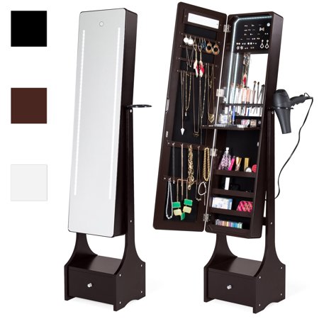 Best Choice Products Full Length Standing LED Mirrored Jewelry Makeup Storage Organizer Cabinet Armoire w/ Interior & Exterior Lights, Touchscreen, Shelf, Velvet Lining, 4 Compartments, Drawer -