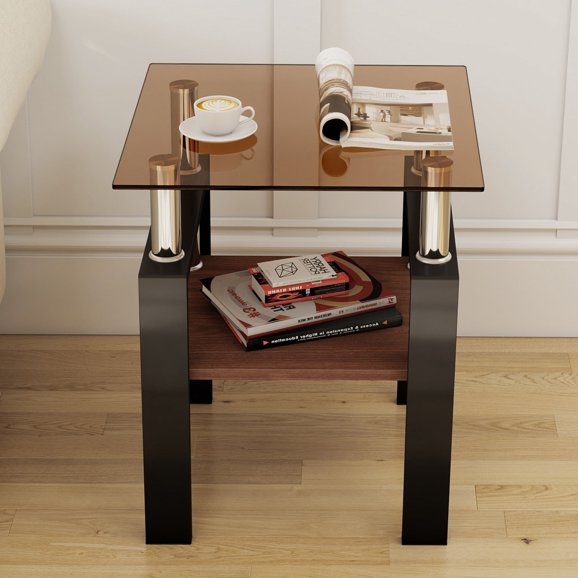 Euroco Set of 2 Modern Tempered Glass Tea Table ,Tempered Glass Tabletop with MDF Layer,Coffee Table,End Table, Square Table for Living Room, Brown/black