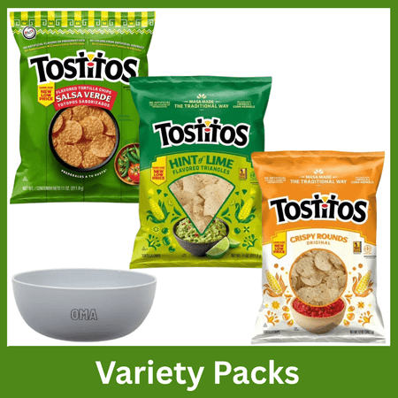 Tostitos Salsa Verde Tortilla Chips (11 oz) & Hint of Lime Tortilla Chips (11 oz) & Crispy Rounds Tortilla Chips (12 oz) Variety Pack with Bowl by OMA