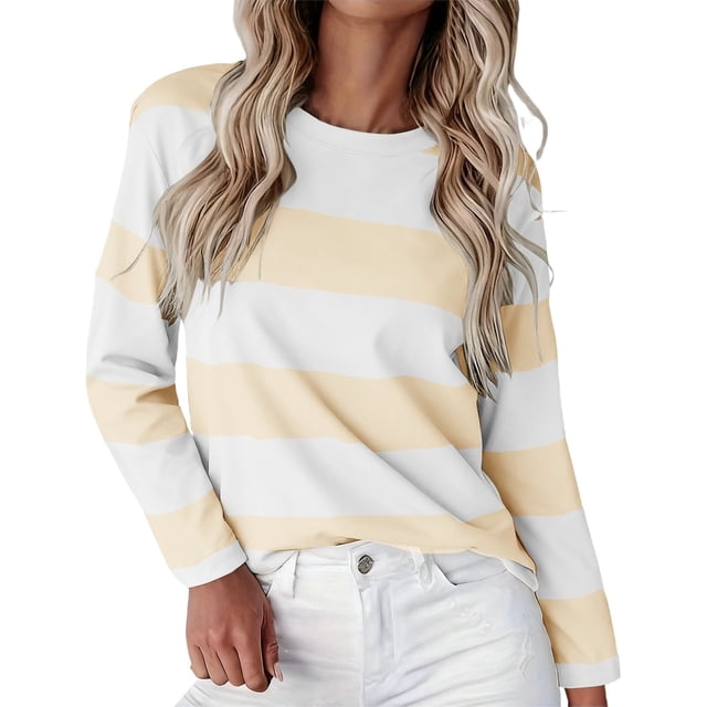 ManxiVoo T-Shirt à Manches Longues à Rayures Imprimées pour Femme, Col Rond, Confortable, T-Shirt Graphique d'Automne, Blouse Légère, Taille TG, Beige