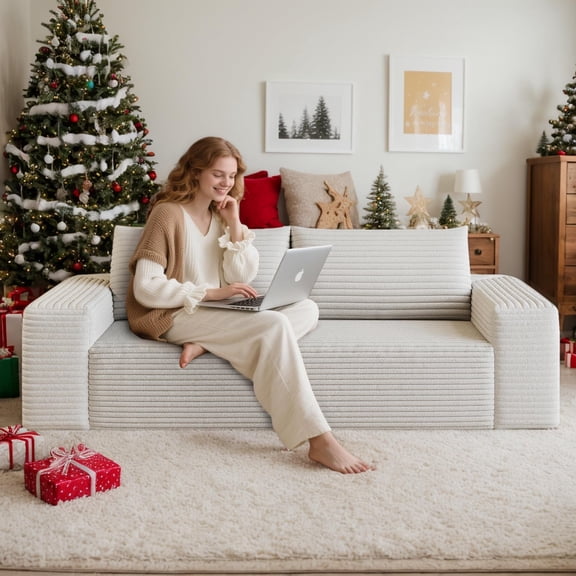 63" W Corduroy Boneless Couch, 2-Seater Compression Sofa with Deep Seat, No Assembly Required, Comfy Loveseat Sofa with 2 Pillows, Sofa Couches for Living Room/Apartment
