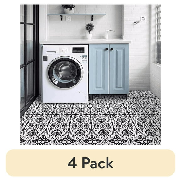 (4 pack) Abyssaly Peel and Stick Floor Tile 11.8" x 11.8" 10 Pcs Black and White Flower Floor Vinyl Flooring Waterproof DIY Flooring for Bathroom, Kitchen, Bedroom, Living Room