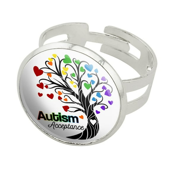 Autism Acceptance Tree of Life with Hearts Silver Plated Adjustable Novelty Ring