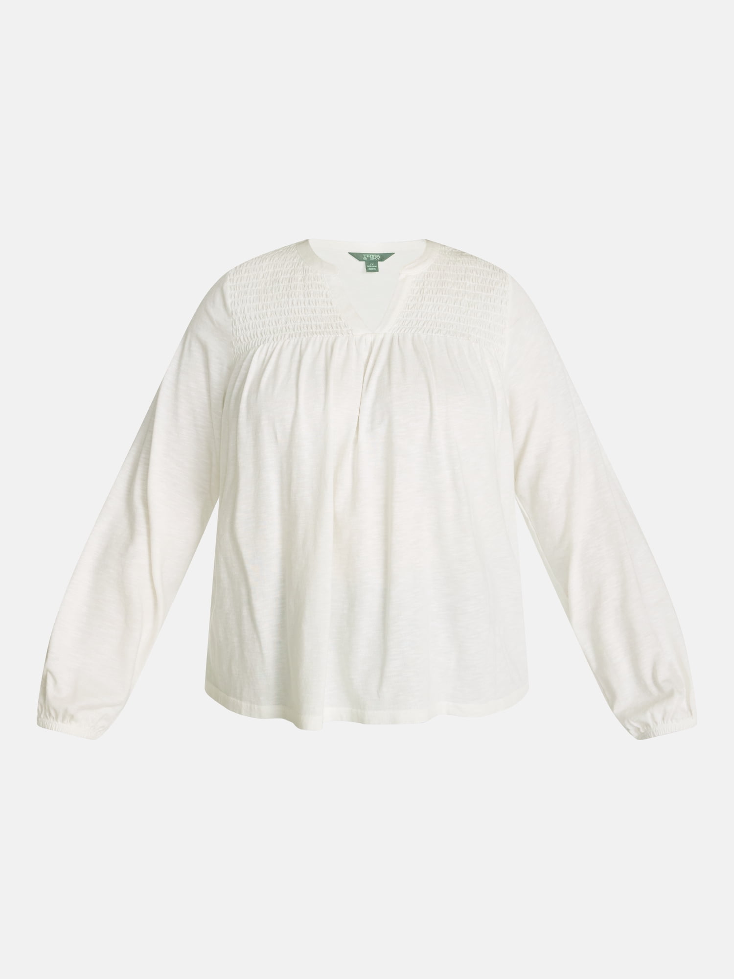 Terra & Sky Women's Plus Smocked Yoke Top with Long Sleeves, Sizes 0X-5X