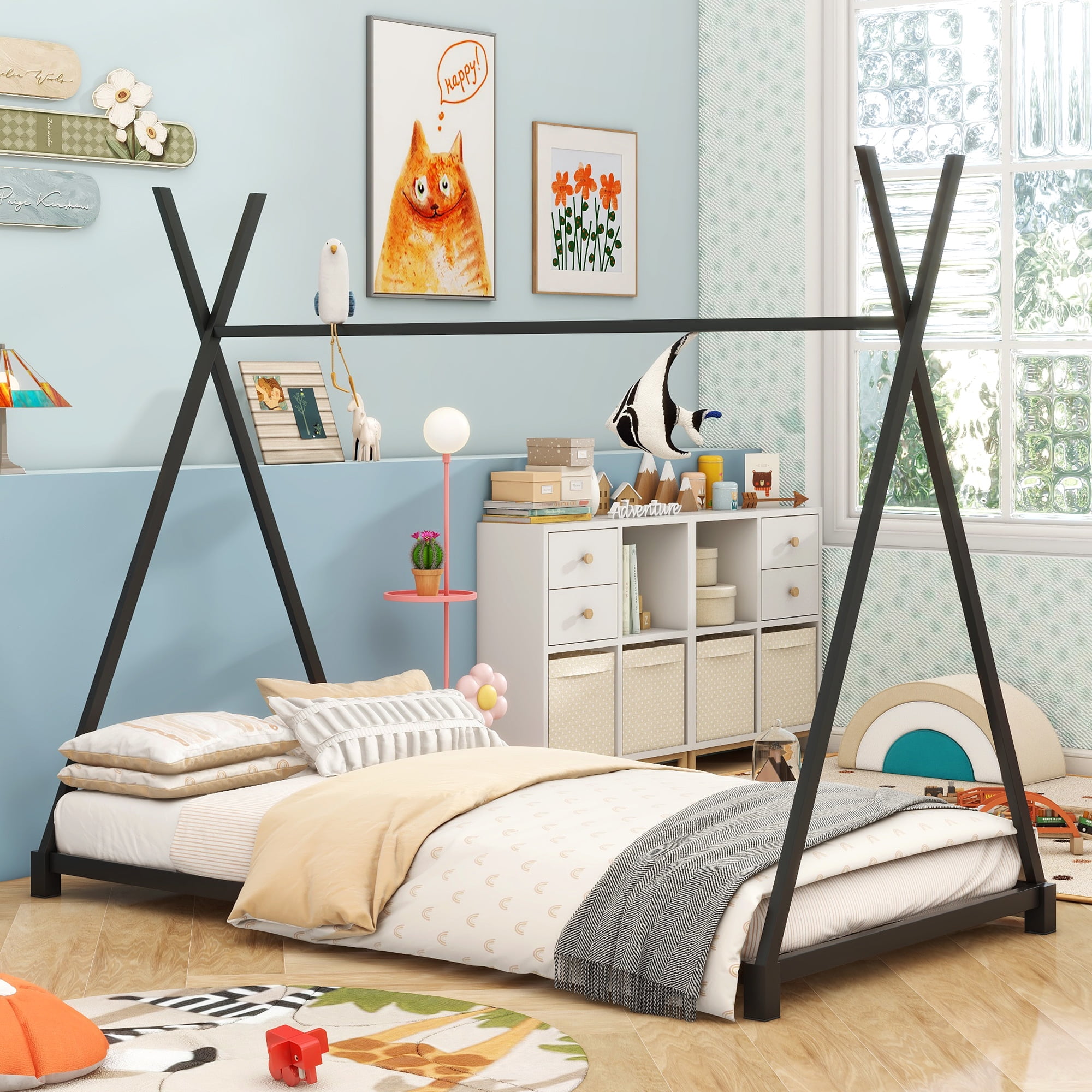 Bellemave Twin Size Montessori Floor Bed Metal Tent Bed Frame with Triangle Structure and Slat Support House Bed Teepee Bed Frame, No Box Spring Needed, Black