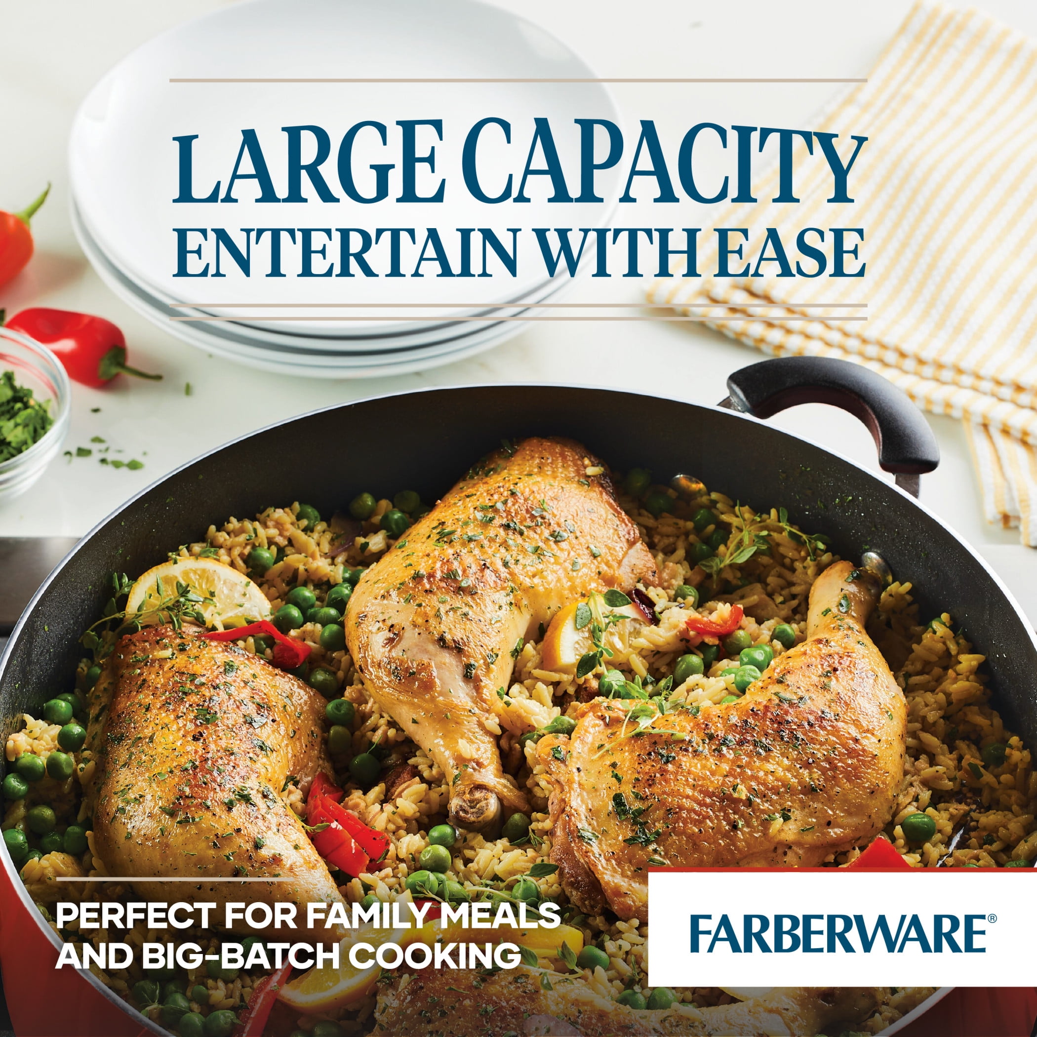 Farberware Easy Clean 14" Nonstick Family Pan, Jumbo Cooker With Lid, Red
