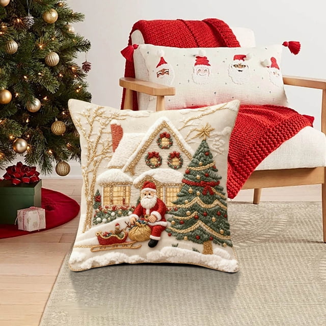 HaoXun 18x18 Inch Christmas Print Linen Pillow Case Cover - Square Decorative Sofa Cushion Cover for Home Decor, Christmas Holiday Party, Library, Coffee Shop, Book Store, and Club Use