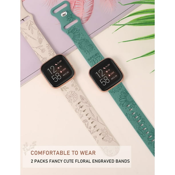 Wearlizer 2 Packs Floral Engraved Band Compatible with Fitbit Versa 2 Versa Versa Lite Bands Women Cute Soft Silicone Sunflower Dandelion Sport Designer Fancy Summer Strap for Versa 2 Smart Watch Walm...