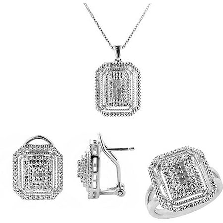 1/4 Carat T.W. Round White Diamond Rhodium Plated Cluster Ring, Earrings and Pendant Set, 18