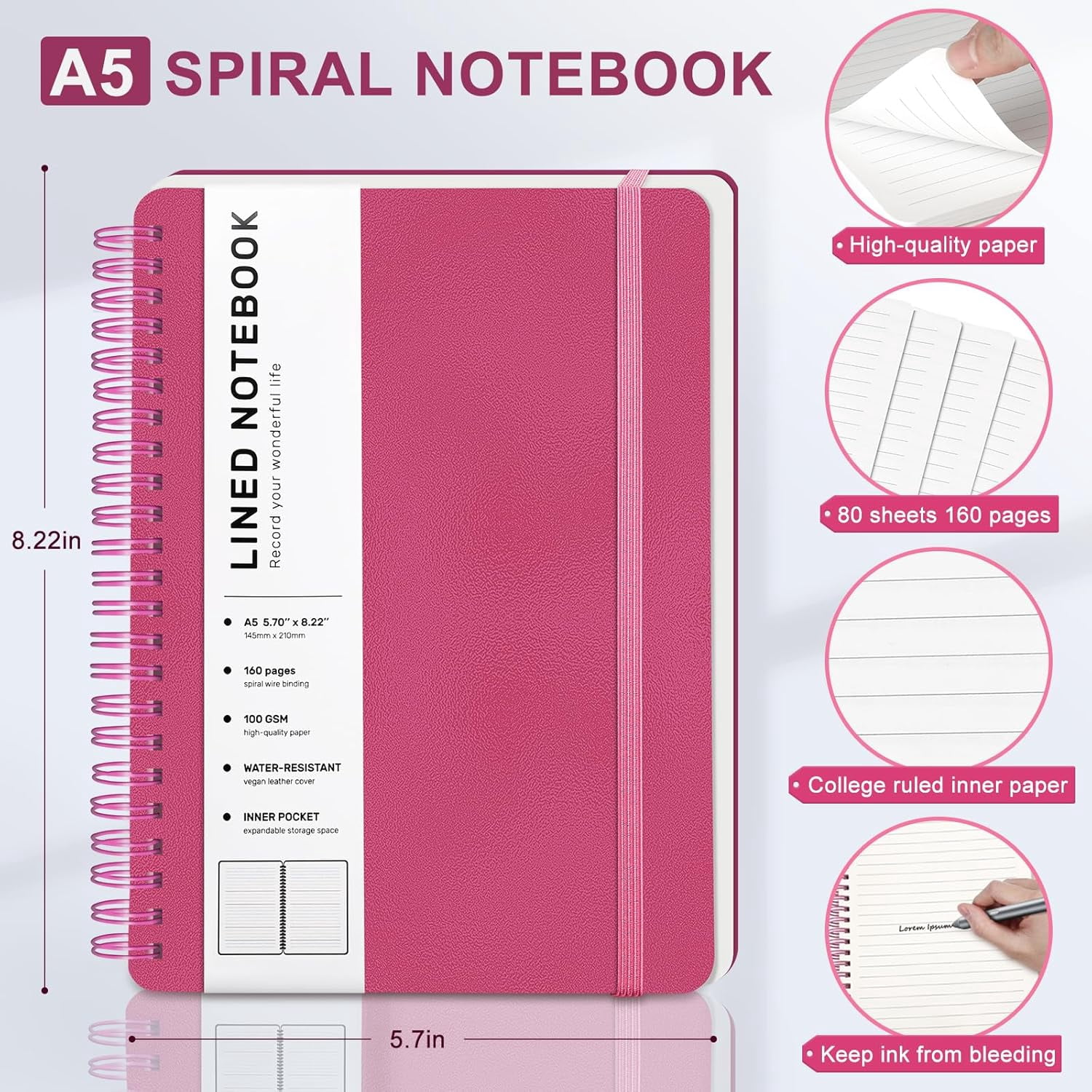 Deeppink Lined Spiral Journal Notebook, 160 Pages, 85.7in A5, for Work, School, Women, Men - College Ruled, Hardcover Leather Journal