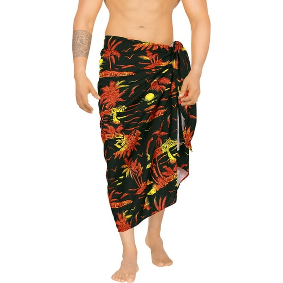 HAPPY BAY Men's Pareo Swim Trunk Vacation Sarong Beach Wrap One Size Black, Palm Tree Summer Vacation Aloha