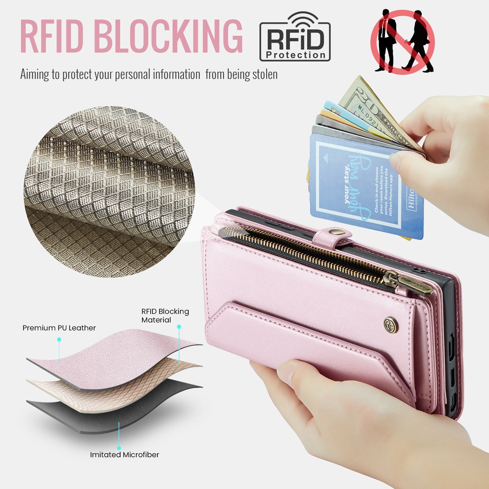 for Samsung Galaxy S22 Ultra Full Body Protection Wallet Folio Flip Case, Shoulder Strap & Wristlet Card Slots Zipper Pocket RFID Blocking Rugged Durable PU Leather Phone Case Cover, Pink