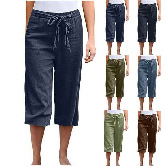Simua Women's Cotton Linen Capri Pants Casual Solid Color Drawstring Elastic Waist Straight Leg Cropped Trousers