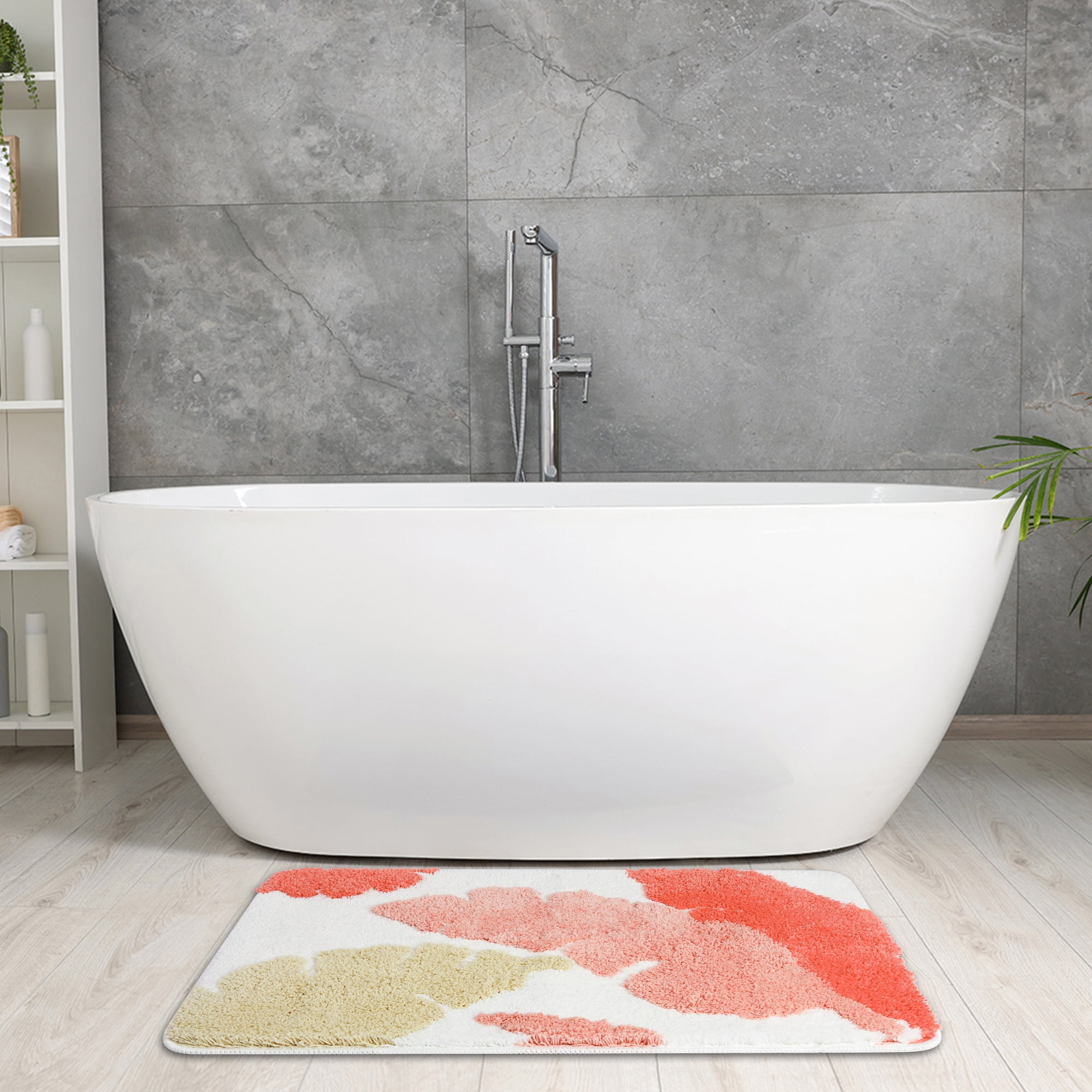 Unique Bargains Cute Leaf Pattern Bath Rug Boho Non Slip Bathroom Decor Washable Mat Pink 20" x 32"