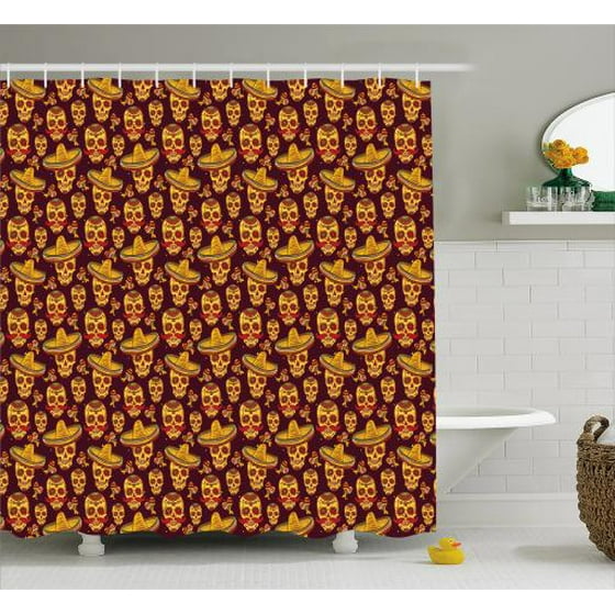 Sugar Skull Shower Curtain Figures Wearing Sombrero And Moustache Colorful Pattern With Maracas Fabric Bathroom Set Hooks 69w X 70l