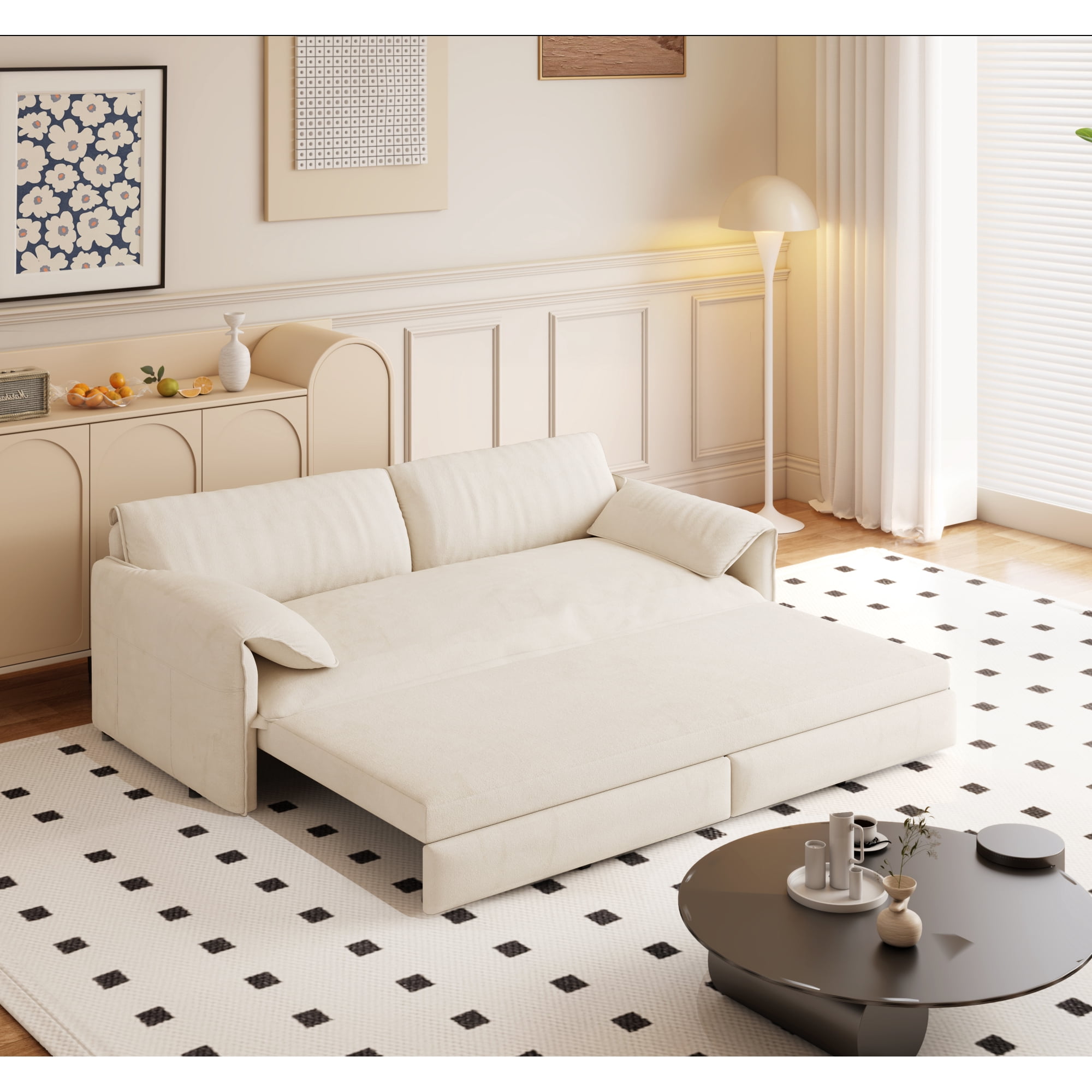 HOQBN Queen Pull Out Sofa Bed, 3-in-1 Convertible Sleeper Sofa with Side Storage,66"W Multi-Functional Velvet Loveseat Sofa Bed for Living Room,Beige