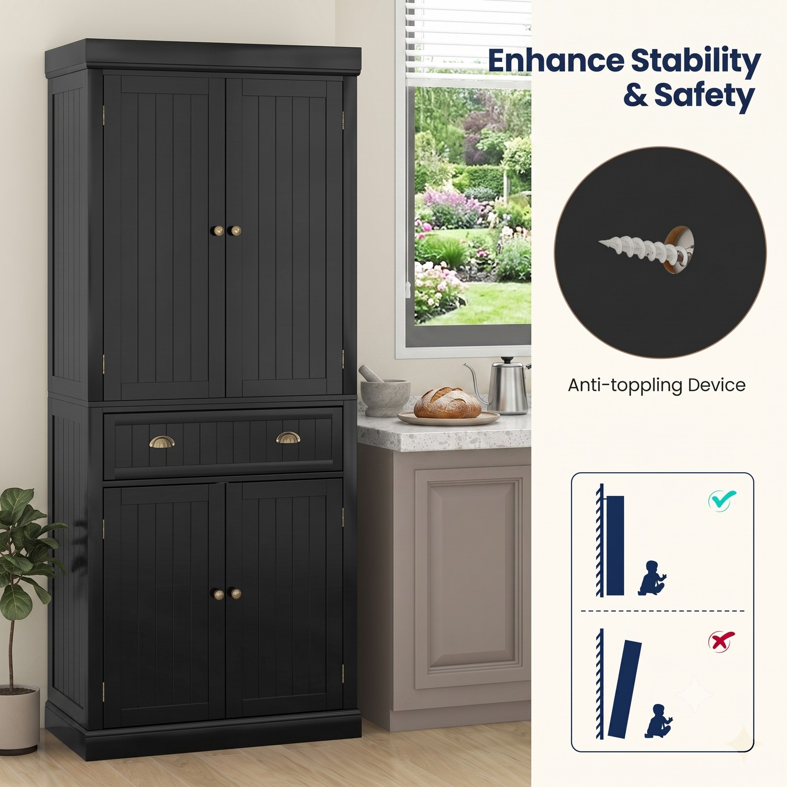 Furnibear Freestanding Tall Kitchen Pantry Cabinet with 4 Doors and Adjustable Shelves and Center Drawer for Kitchen Storage, Black