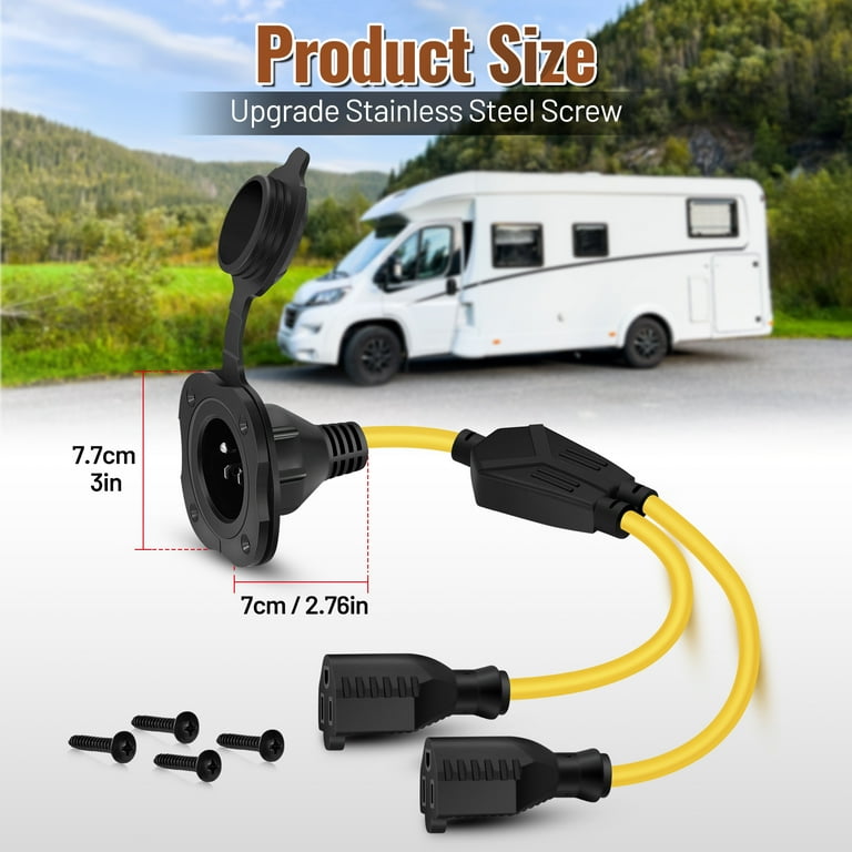 RV Shore Power Inlet Plug 15A 125V - NEMA 5-15 Flange Socket With 15 Inch Cable & Waterproof Cover