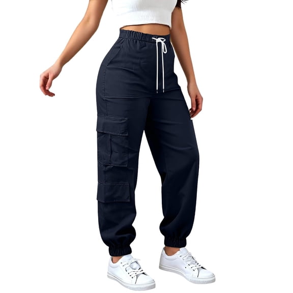 Endives Cargo Pants For Women Baggy Wide Leg Pant High Waisted Joggers Athletic Trousers Cuffed Pants With Pockets Dark Blue