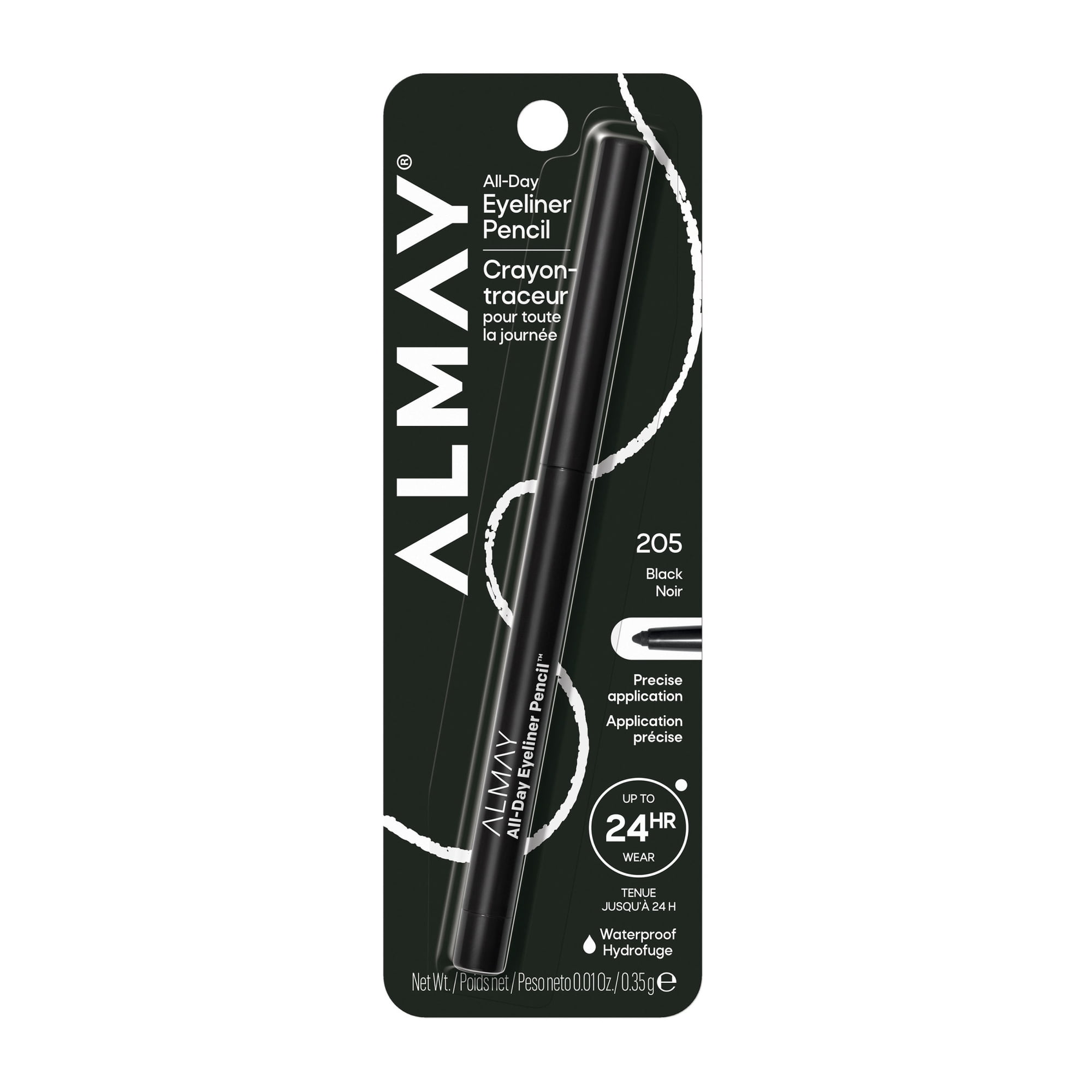 Almay All-Day Eyeliner Pencil, Precision Tip Eye Makeup, Hypoallergenic, Built-In Sharpener, 205 Black, 0.01 oz