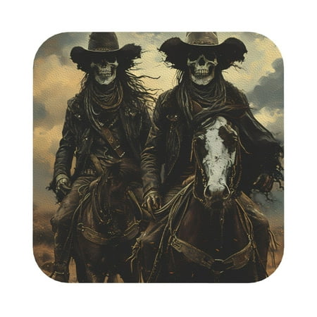 

Coaee Western Desert Skull Cowboy Print Leather Coasters Set of 6 Non-Slip Washable Cup Coasters for Home Office Bar Square