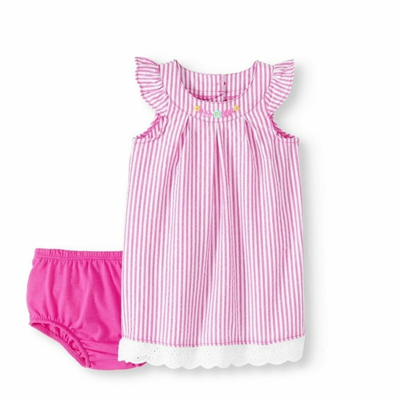 Healthex 2pc Set Baby Girl 18Mont Pink Lace Trim Woven Dress & Diaper Cover