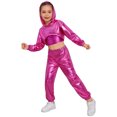 thumbnail image 3 of Hansber Kids Girls Shiny Metallic Hoodie Crop Top with Cami Vest and Pants Hip Hop Jazz Dance Outfit Hot Pink 8, 3 of 7