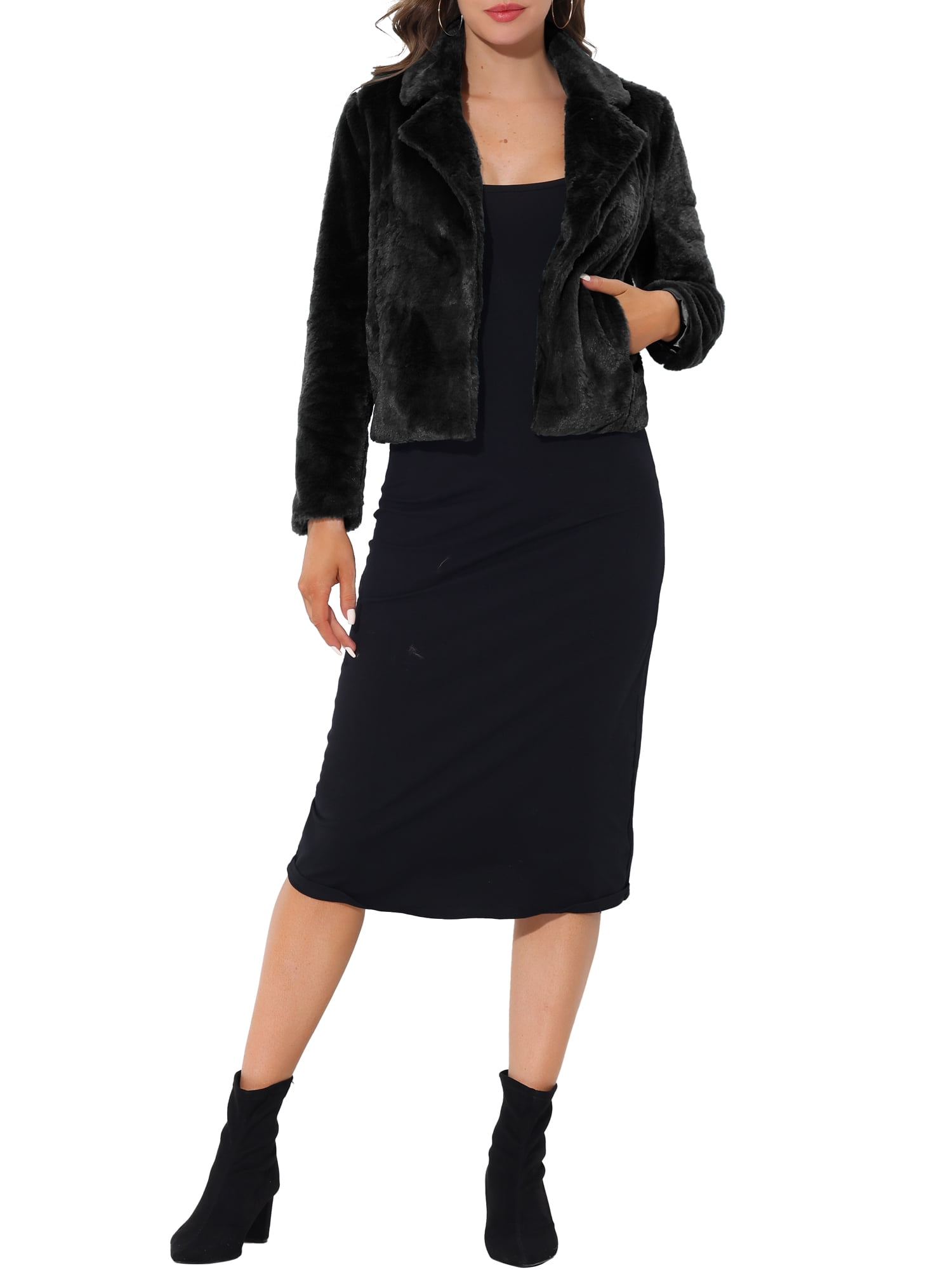 DARING DIVA Women's Cropped Notch Lapel Faux Fur Fluffy Coat XL Black