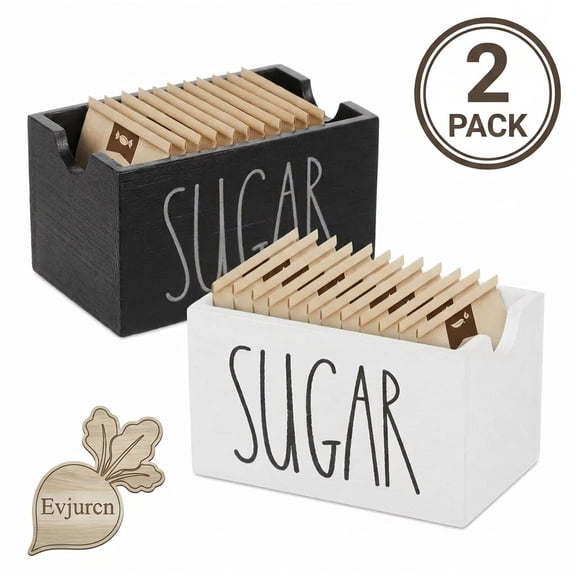 2Pcs Sugar Packet Holder for Coffee Bar, Wood Sugar Packets Caddy, Farmhouse Small Tea Bag Organizer for Table, Office, Hotel, Restaurant (Black White)