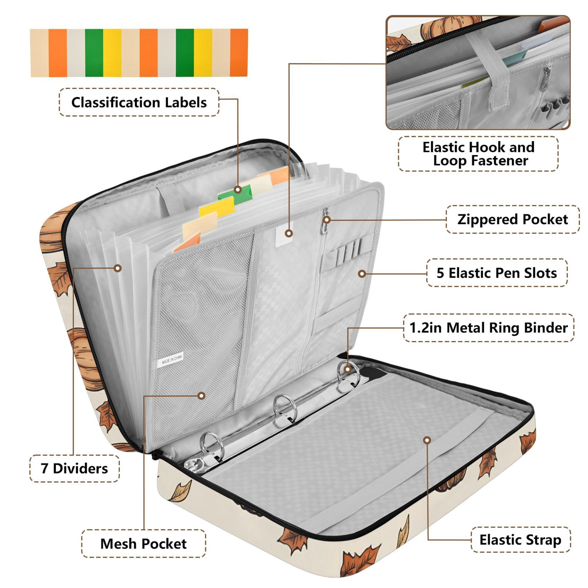 FORMRS Accordion File Folder A4 Size 7-Pocket Expanding Document Organizer Bag with 3 Ring Binder, Fall Leaves