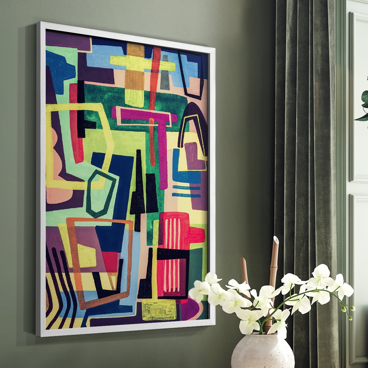 Connected Colors I Framed Print in White Solid Wood Framed Print No Nail Hanging