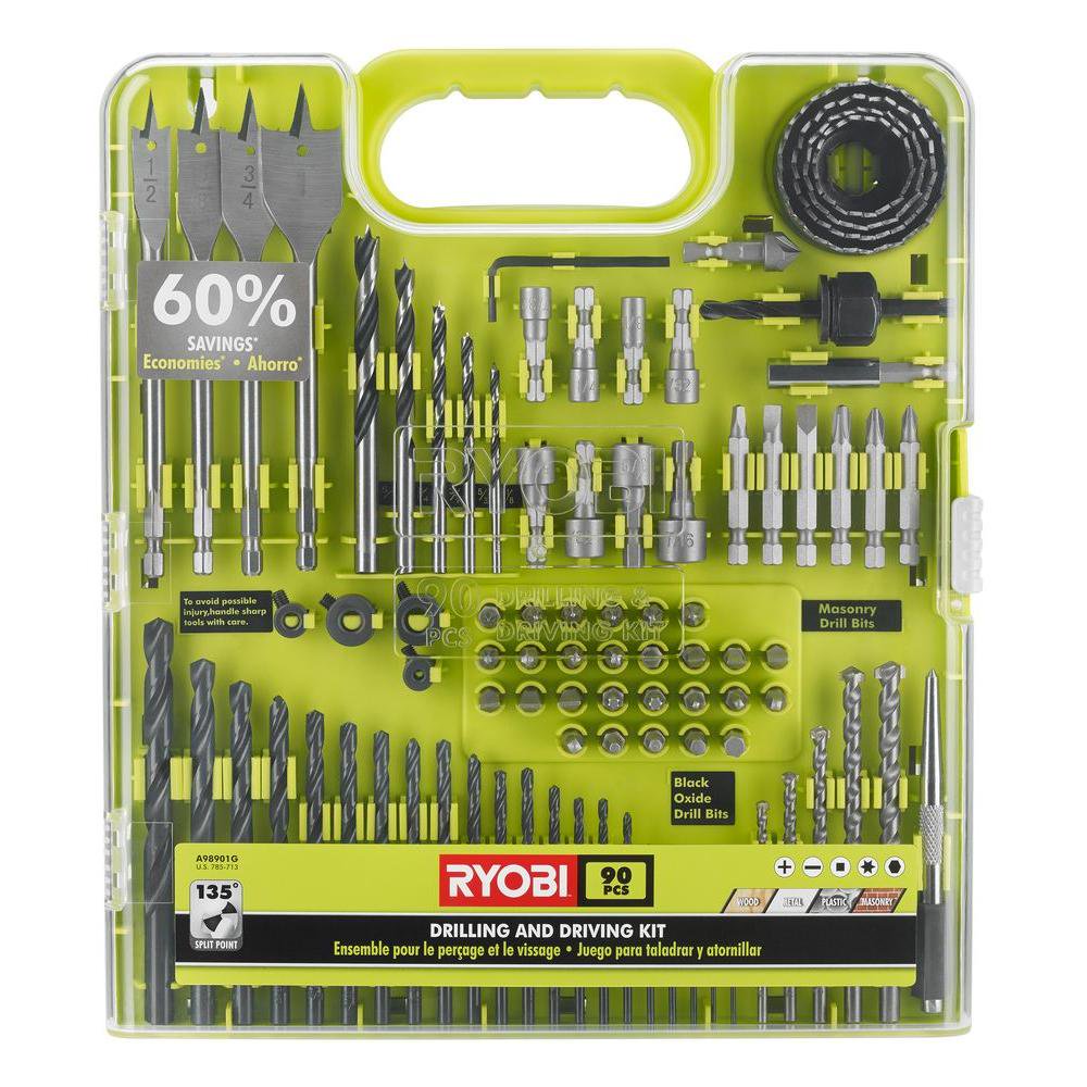 Ryobi A98901G 90 Piece Drilling and Driving Kit for Wood, Metal