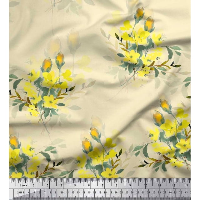 Soimoi polyester Crepe Fabric Leaves & Yellow Flower Watercolor Decor Fabric Printed Yard 52 Inch Wide