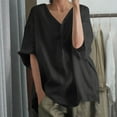 thumbnail image 2 of NaWent Cotton Linen Shirts for Women Summer V-Neck T-Shirts Casual 3/4 Sleeve Blouse Top Black XL, 2 of 4
