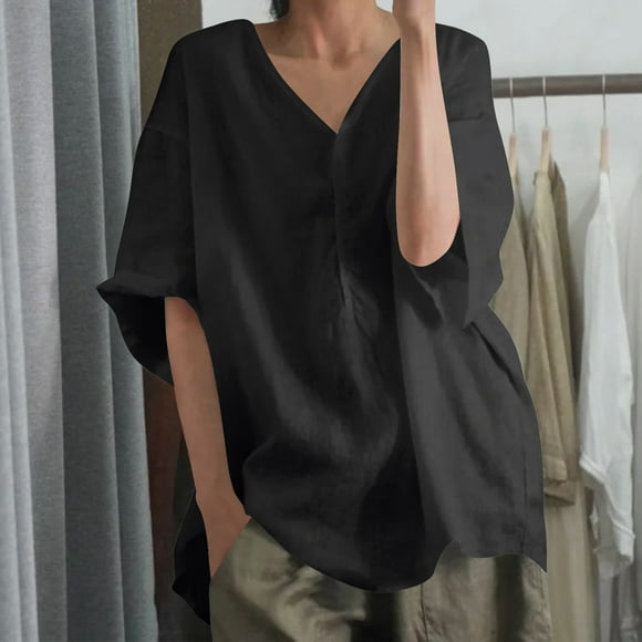 Sijiajgjfu 3/4 Length Sleeve Women Tops Crew Neck Blouses Dressy Casual Solid Color Button Down T Shirts Loose Fit Business Work Clothes
