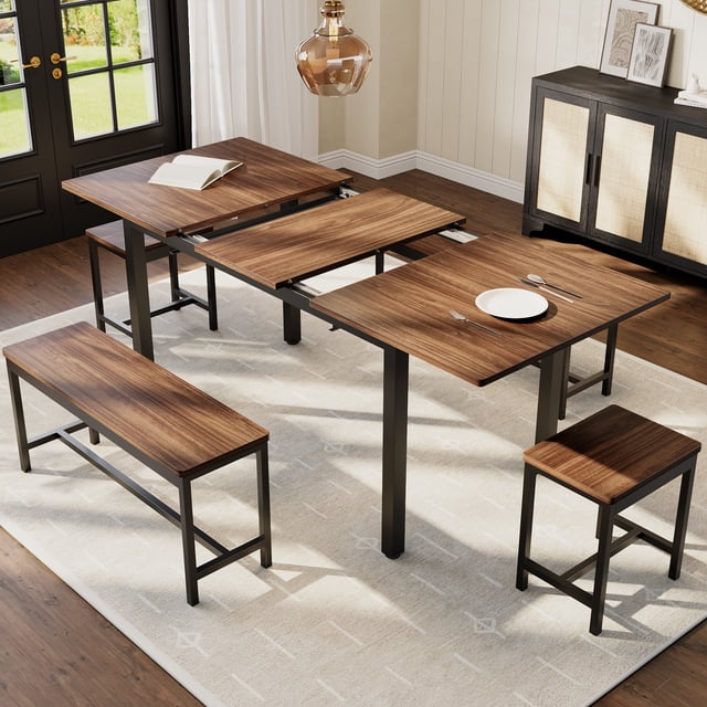 5 PCs Dining Table Set for 6-8 People, 63 in Extendable Kitchen Table Set with 2 Benches and 2 Square Stools, Modern Dining Room Furniture Sets, Easy Assembly