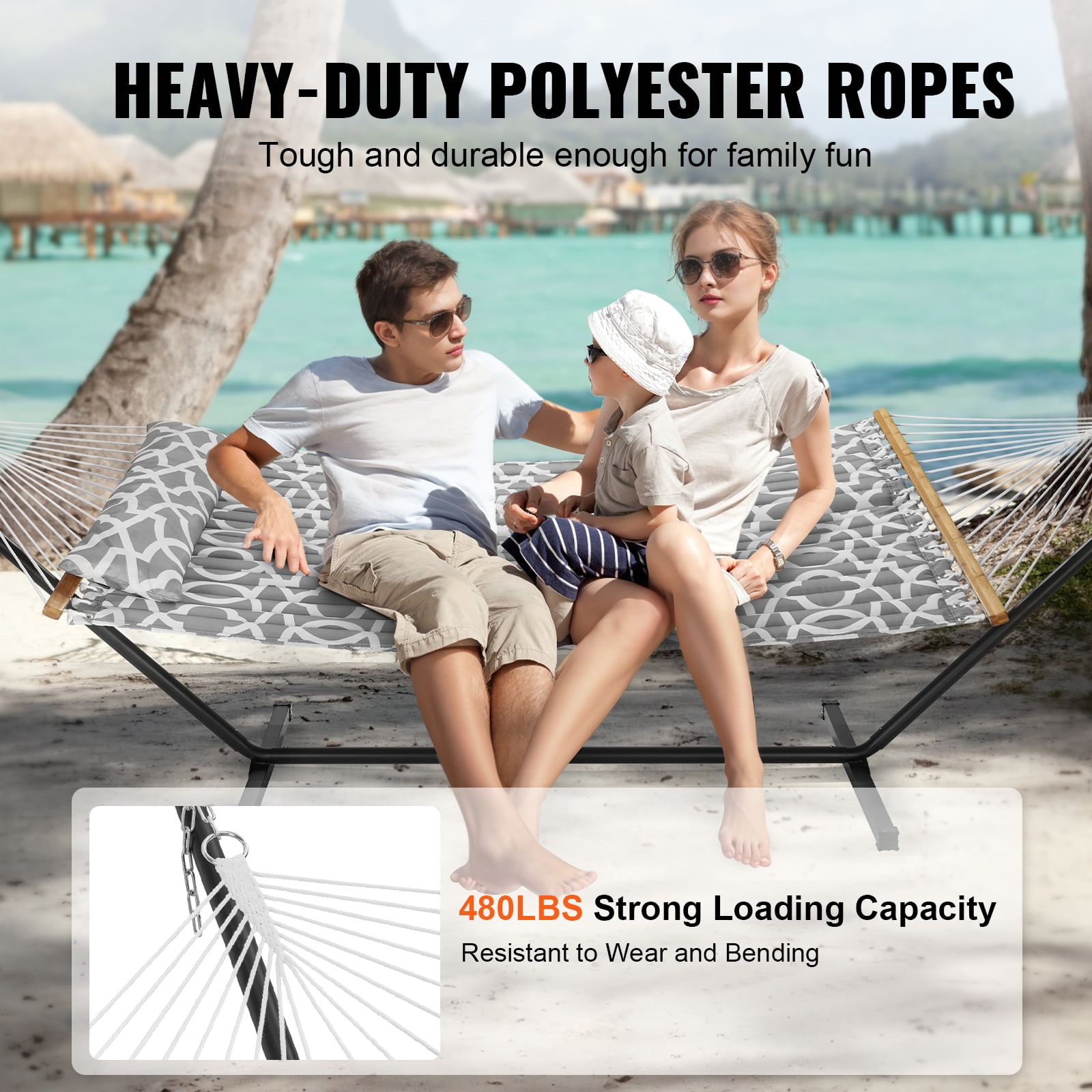 KFFKFF 480 lb Capacity Double Quilted Fabric Hammock Two-Person Hammock with Stand