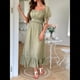 thumbnail image 4 of Vestido Midi de Corta para Mujer, Cuello Cuadrado, Color Contrastante, Informal, Fruncido con Ribetes. Verde S, 4 of 7