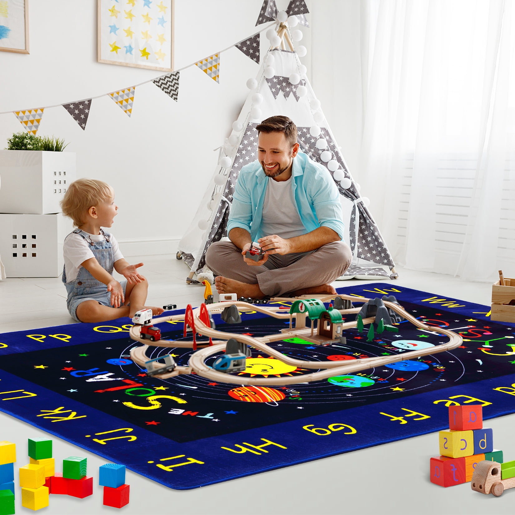 ChaoLink Kids Solar System Educational Rug Galaxy Outer Space Kids Rugs for Playroom Learning Planet Non Slip Kids Playmat Car RugA