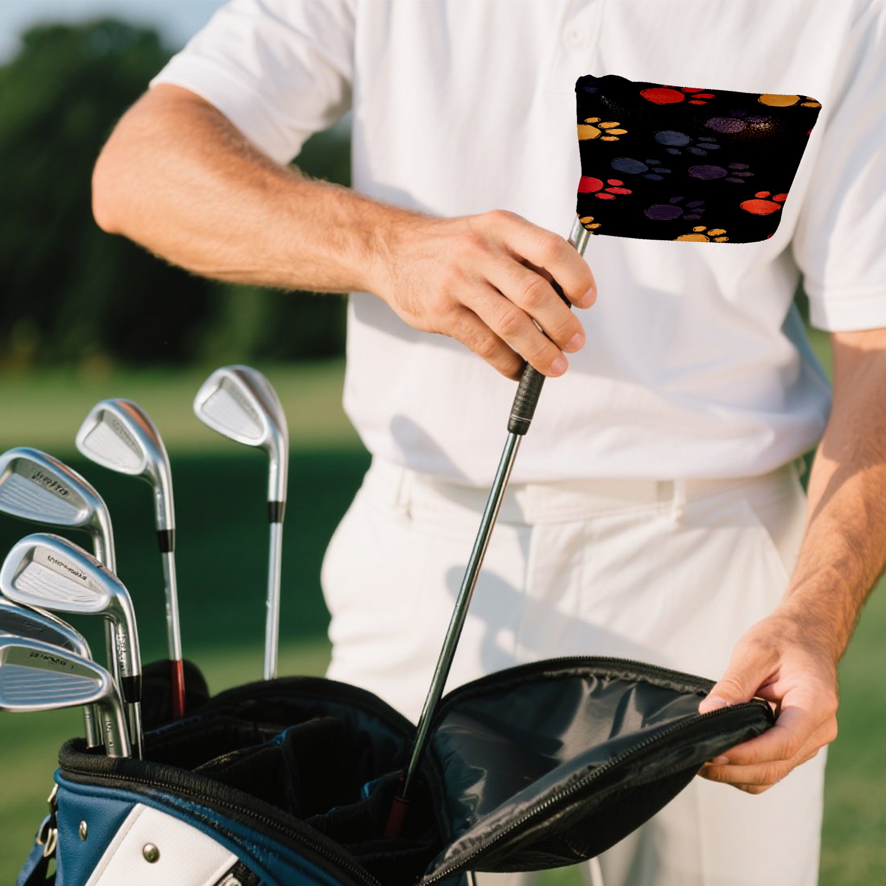 Golf Mallet Putter Cover Premium Leather Waterproof Golf Putter Head Cover with Magnetic Closure Colorful Dog Paw Prints