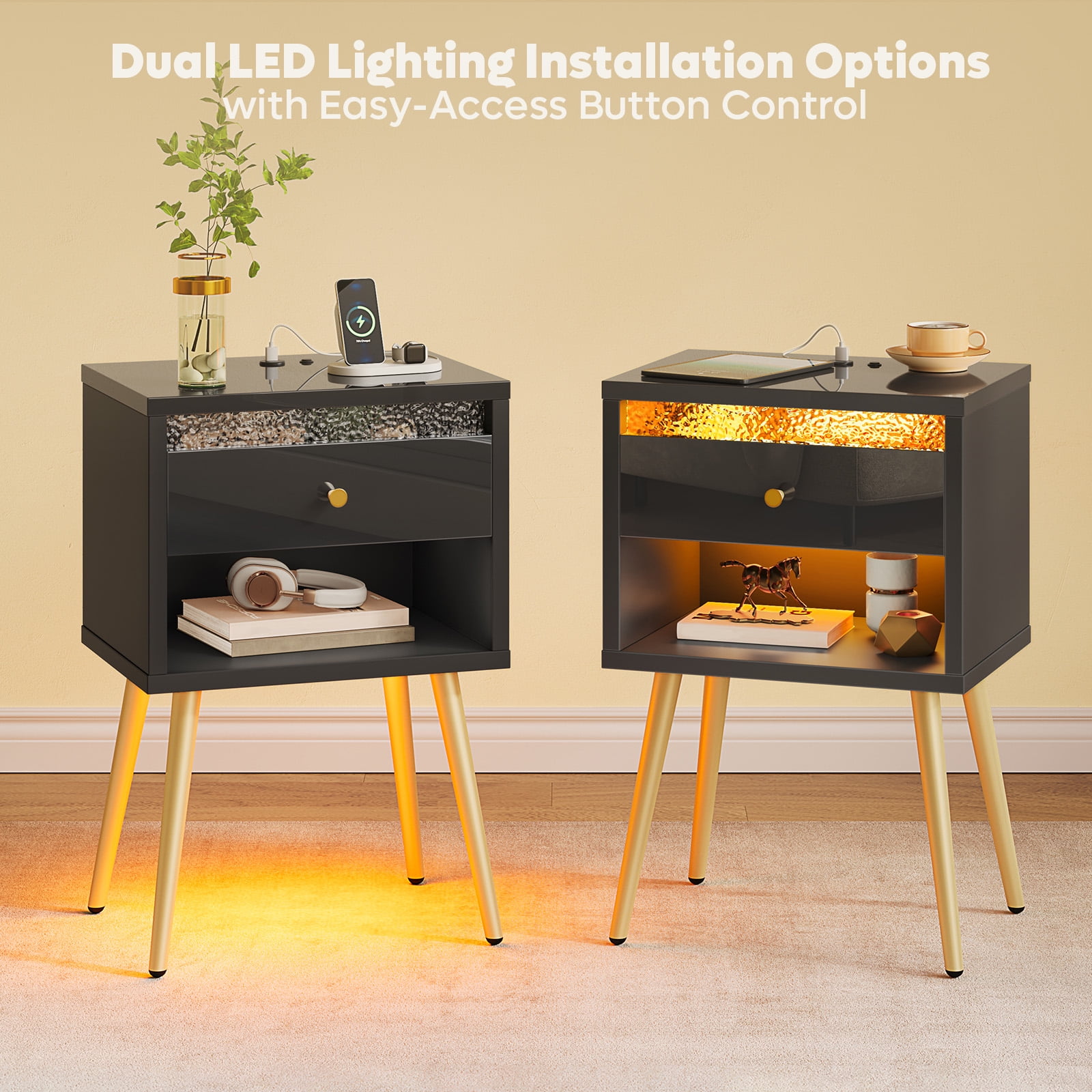 Pinmoco Set of 2 LED Nightstand with Charging Station, Modern Bedside Table with Drawer and Open Storage for Bedroom, Black