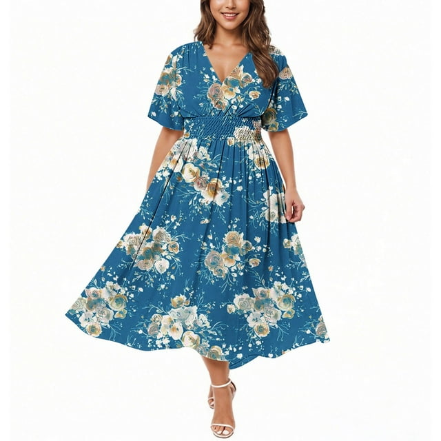 Ndbuld Robes d'Été à Fleurs pour Femmes Grande Taille Décontractées Couleur Unie Col en V à Enfiler Manches Courtes Jupe Courte Robe Liquidation à Moins de 5 $