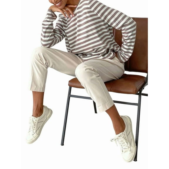 Womens Striped Soft Knit Pullover Sweater Loose Fit Shirts Brown M