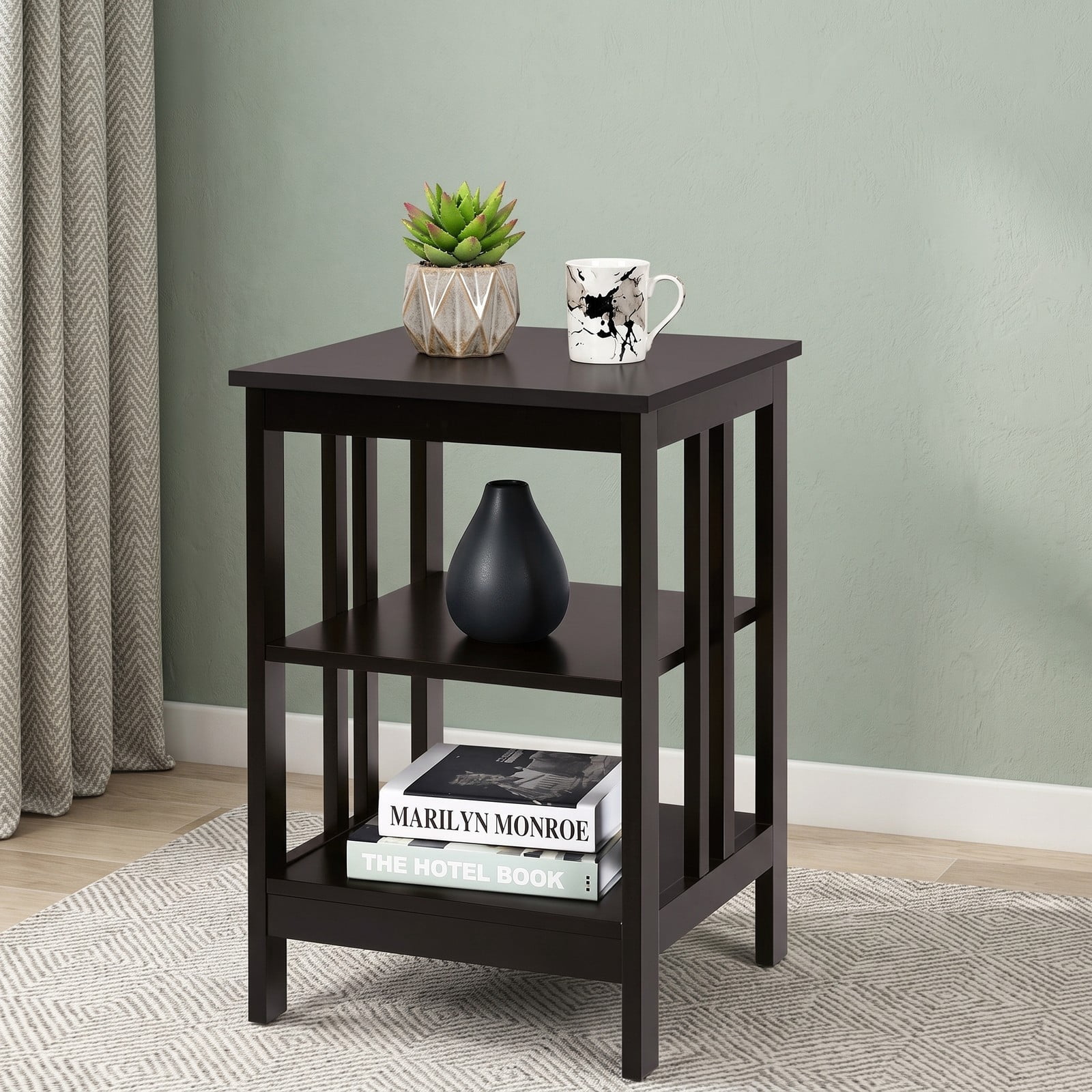Furnibear 2 Pieces 3-Tier Nightstand, MDF Bedside End Side Table with Reinforced Bars, Open Shelf Storage Night Stand for Bedroom Living Room Entryway, Dark Brown