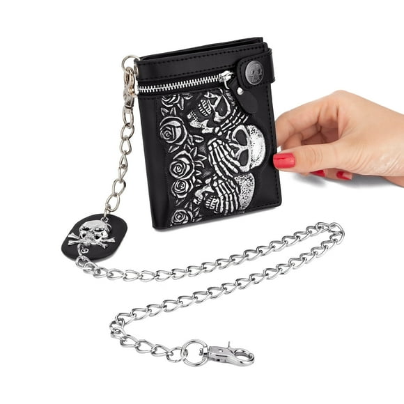 Cartera corta antirrobo Tonnylam con calavera rosa, cartera con cadena para motocicleta para hombre